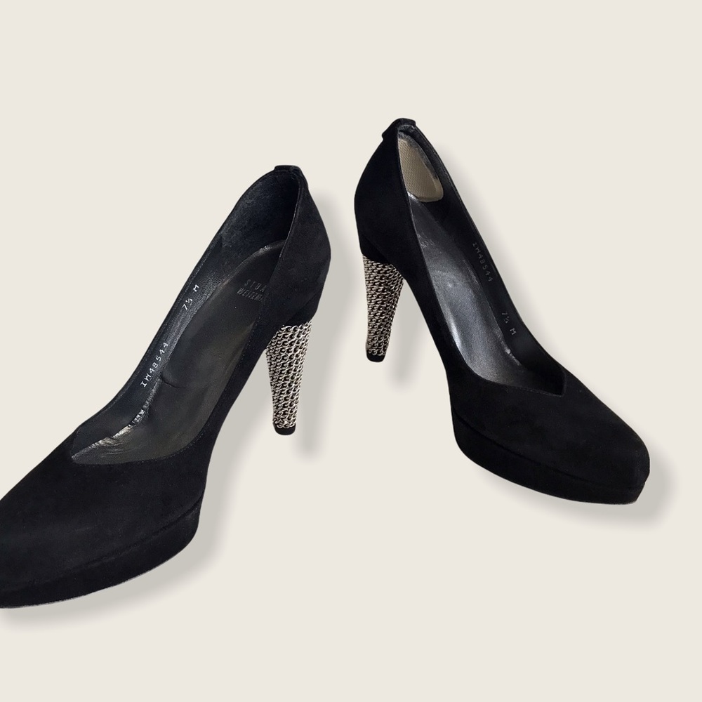 Stuart Weitzman Black Suede Chain Link Pump Heels - Picture 5 of 11